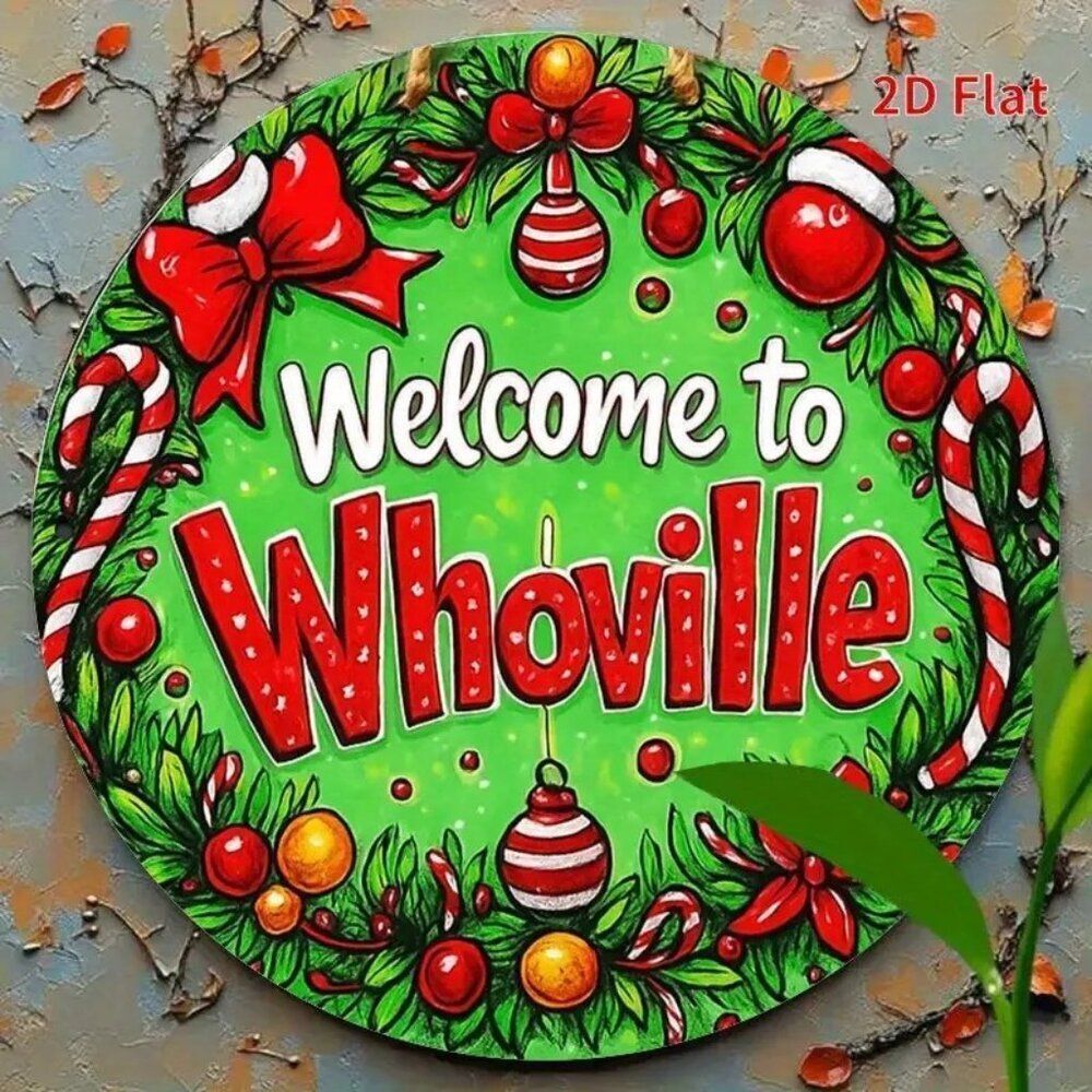 2D Flat Welcome to Whoville Themed 8" Round Iron Sign - Festive Christmas Decor